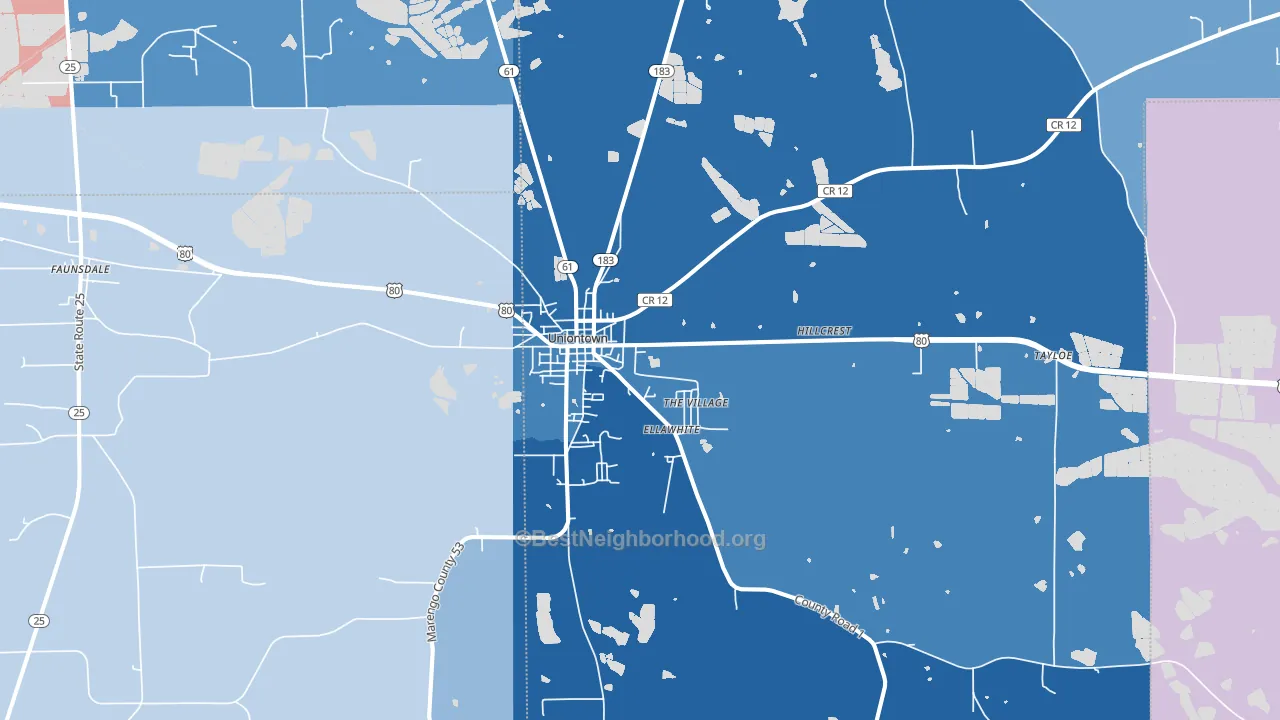 Uniontown, AL block-group political-lean map