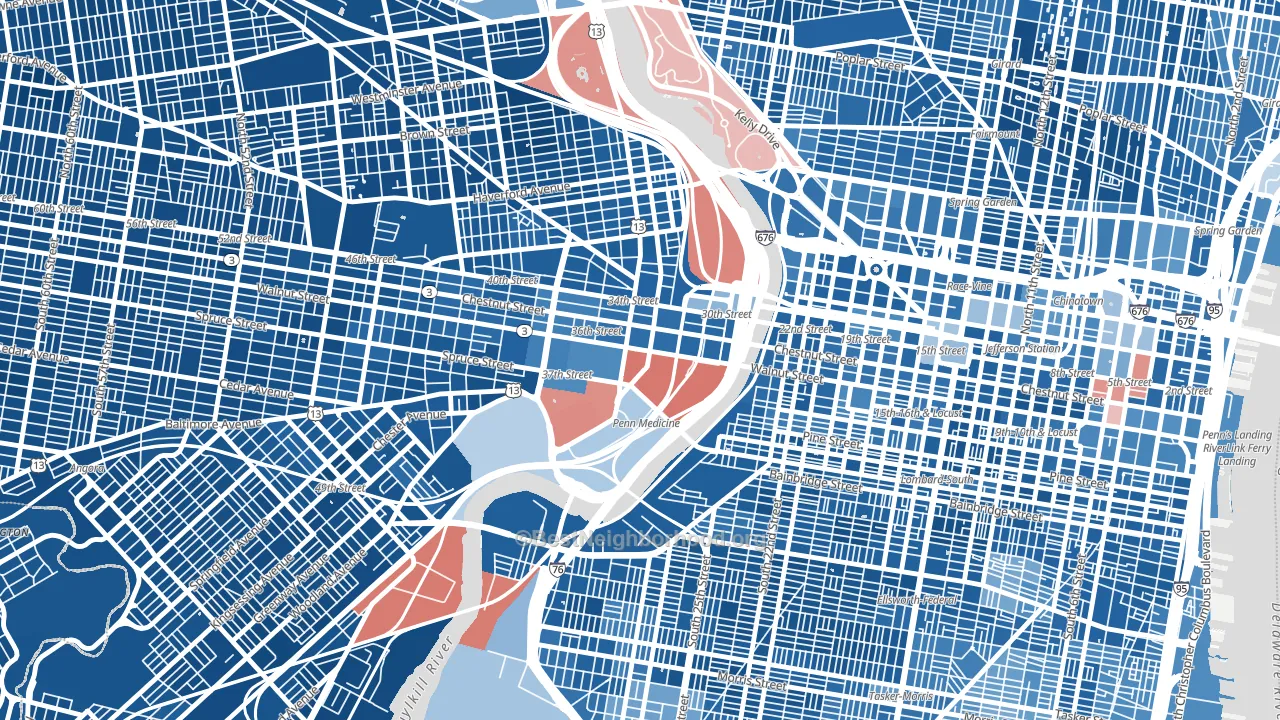 University City, Philadelphia, PA block-group political-lean map