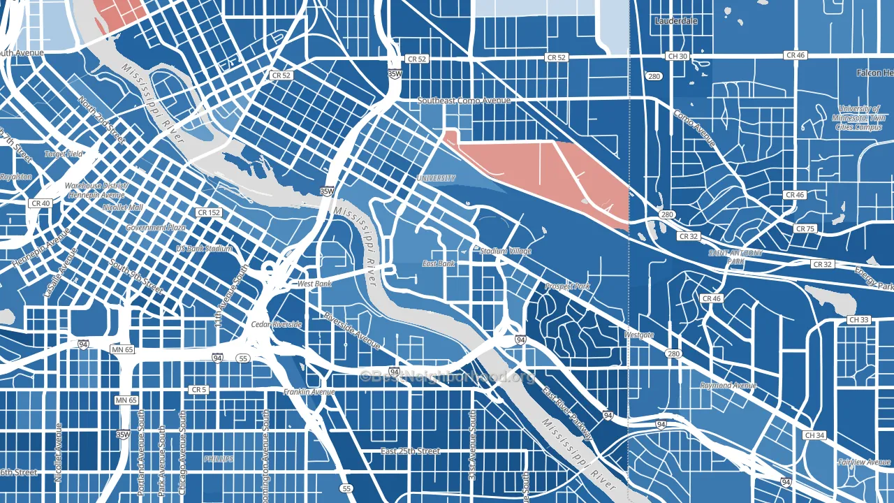 University District, Minneapolis, MN block-group political-lean map