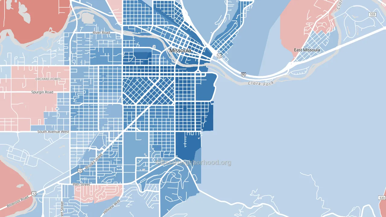 University District, Missoula, MT block-group political-lean map