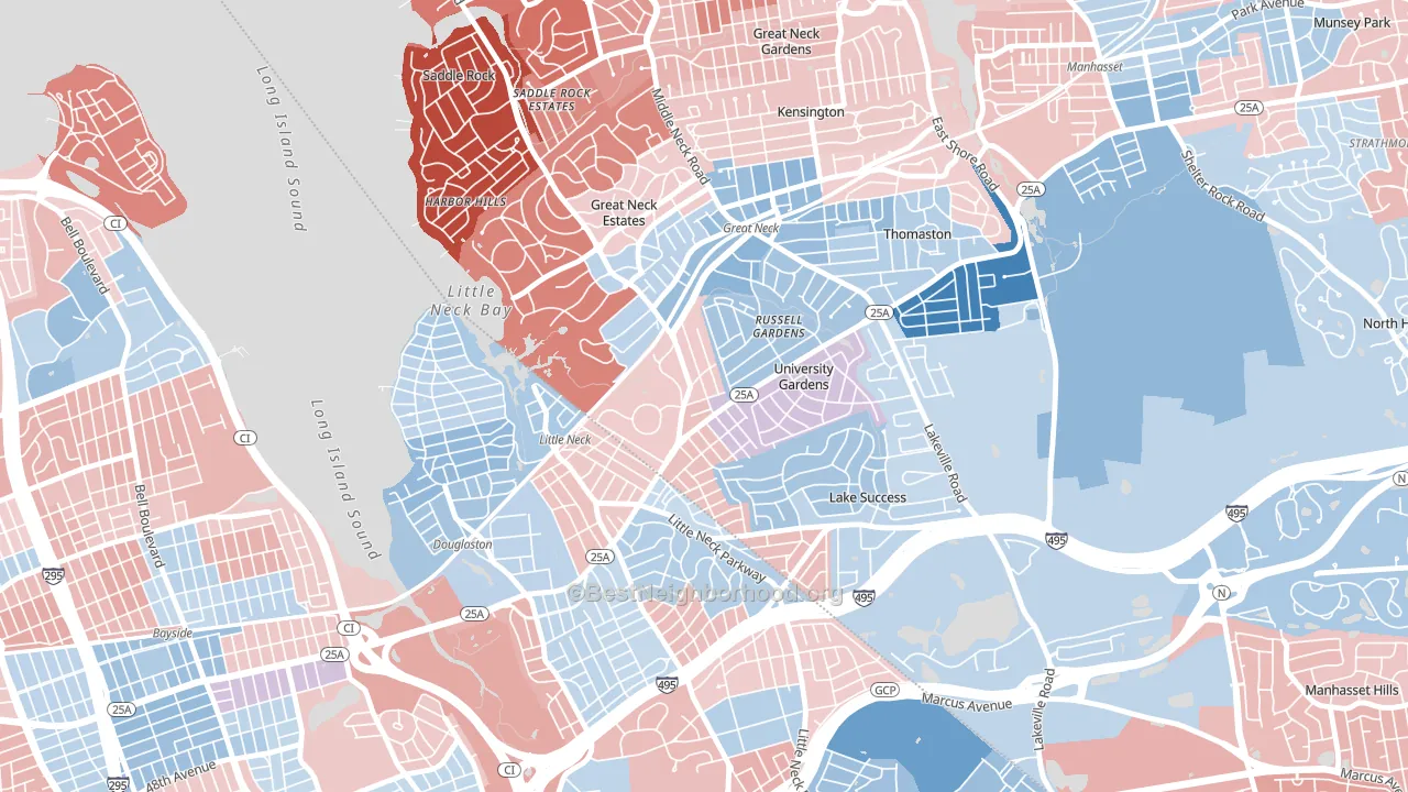 University Gardens, Great Neck, NY block-group political-lean map