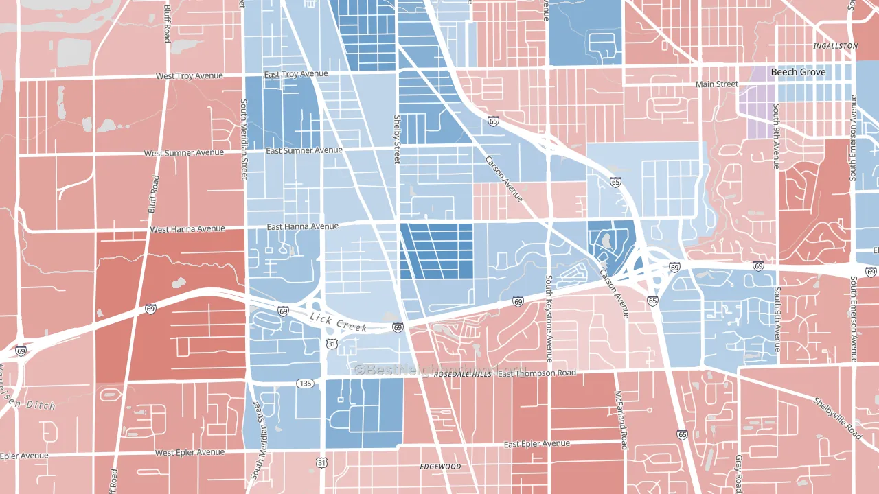University Heights and Rosedale Hills, Indianapolis, IN block-group political-lean map