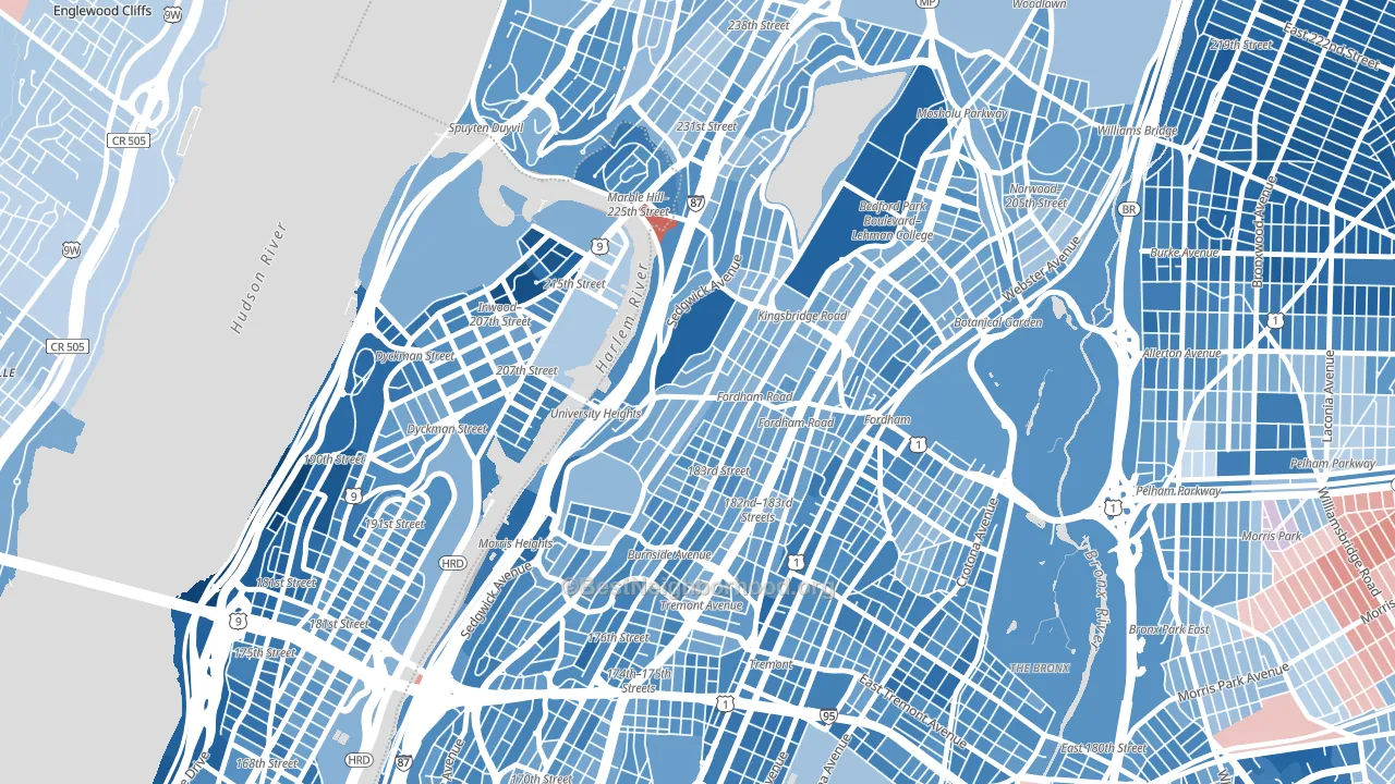 University Heights, Bronx, NY block-group political-lean map