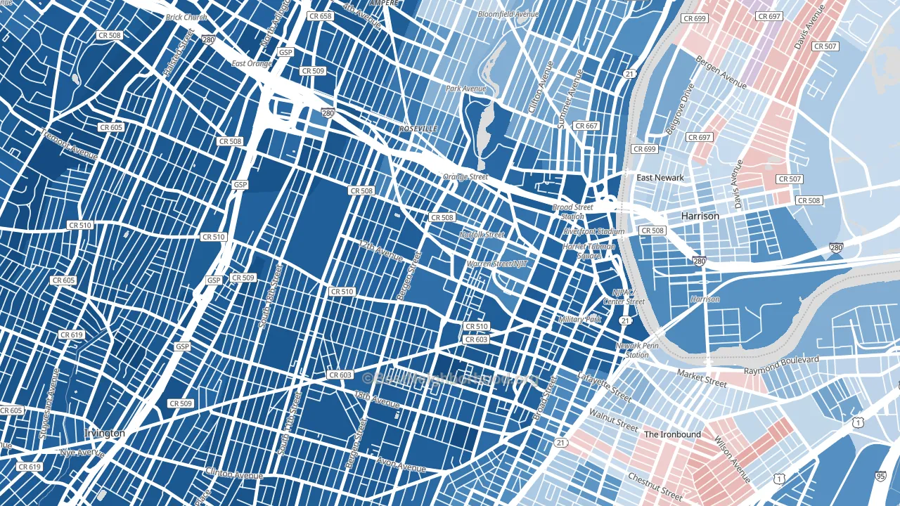 University Heights, Newark, NJ block-group political-lean map