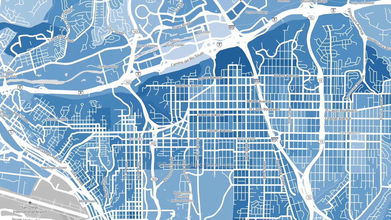 University Heights, San Diego, CA block-group political-lean map