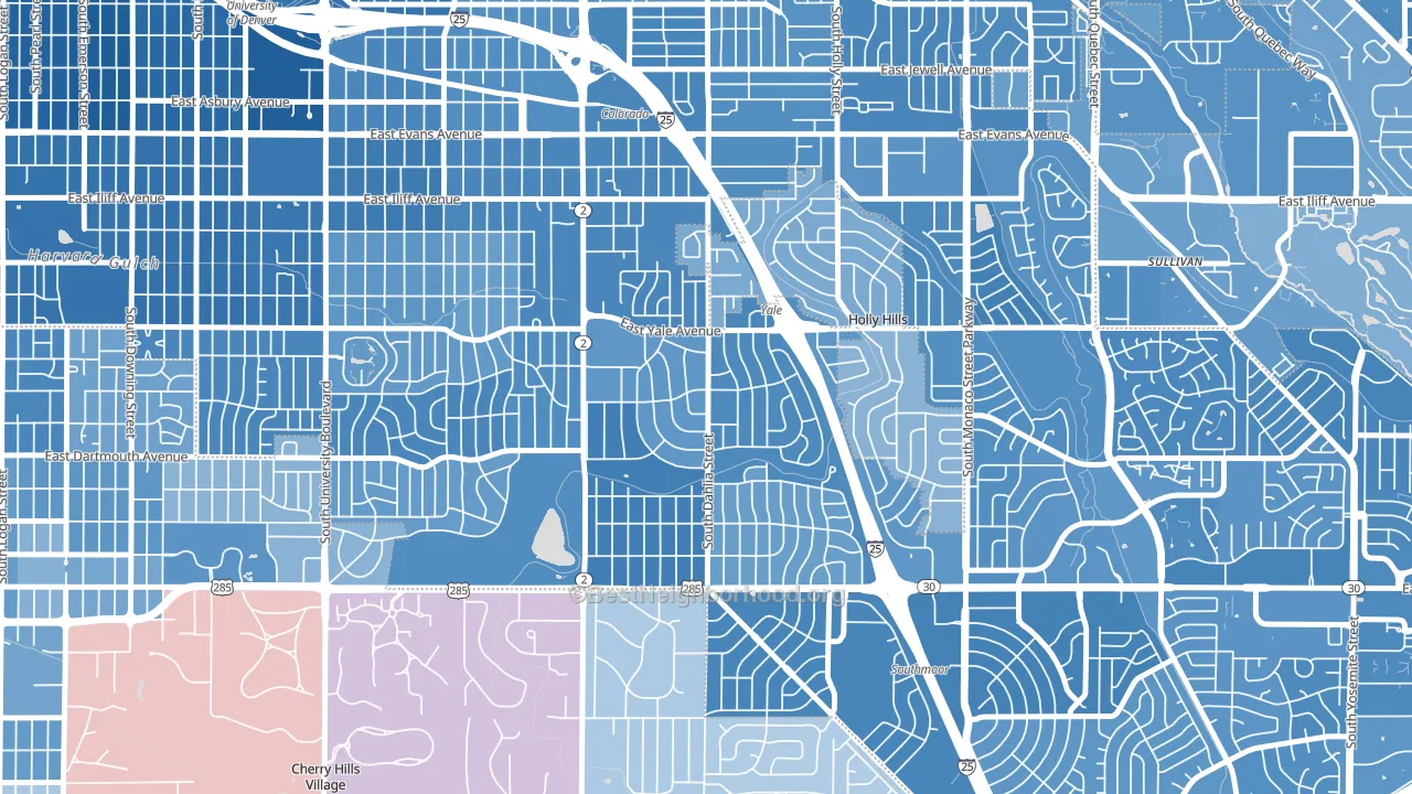 University Hills, Denver, CO block-group political-lean map