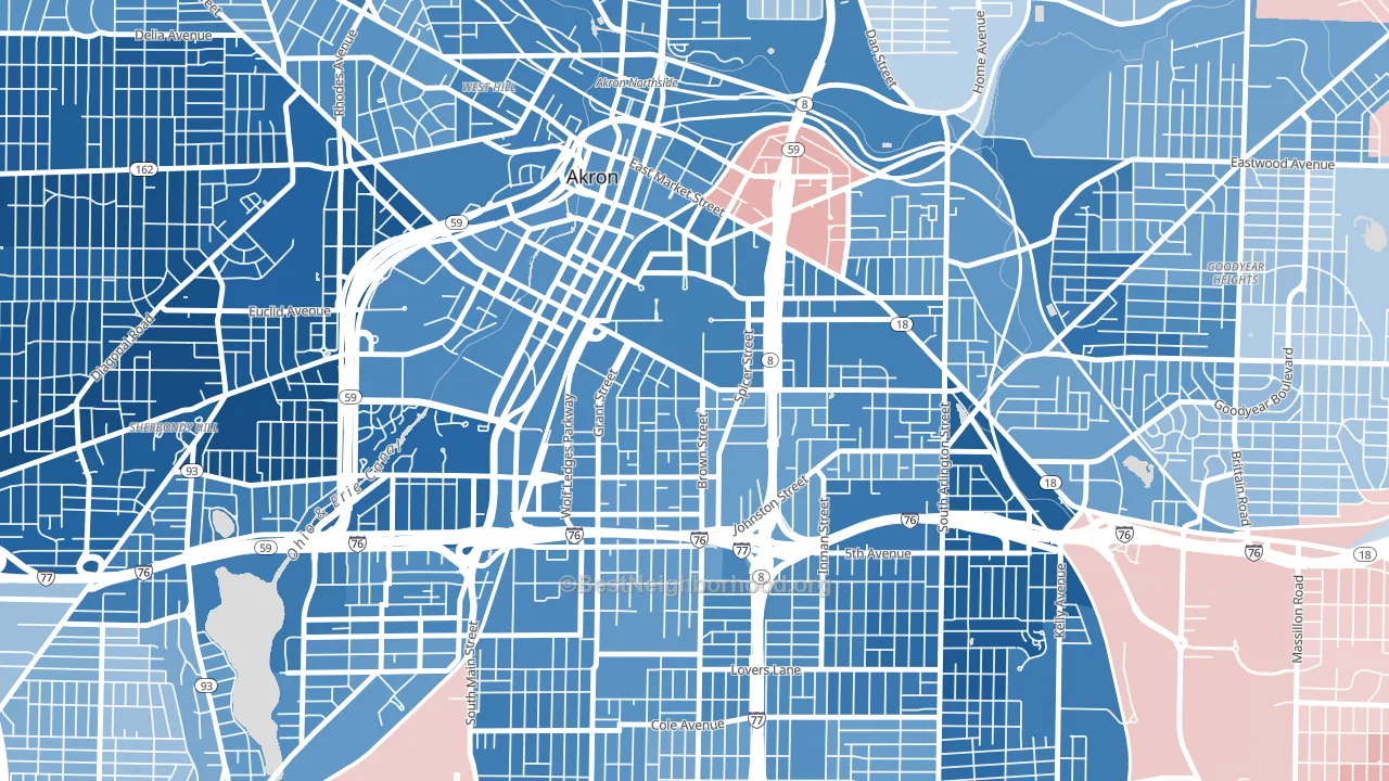 University of Ohio Akron, Akron, OH block-group political-lean map