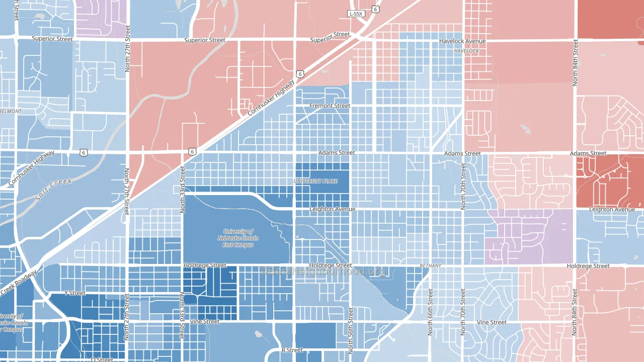 University Place, Lincoln, NE block-group political-lean map