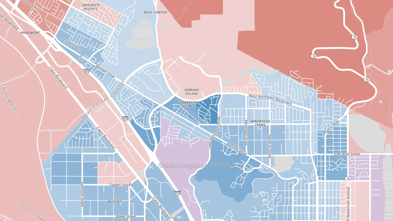 University-San Bernardino, San Bernardino, CA block-group political-lean map