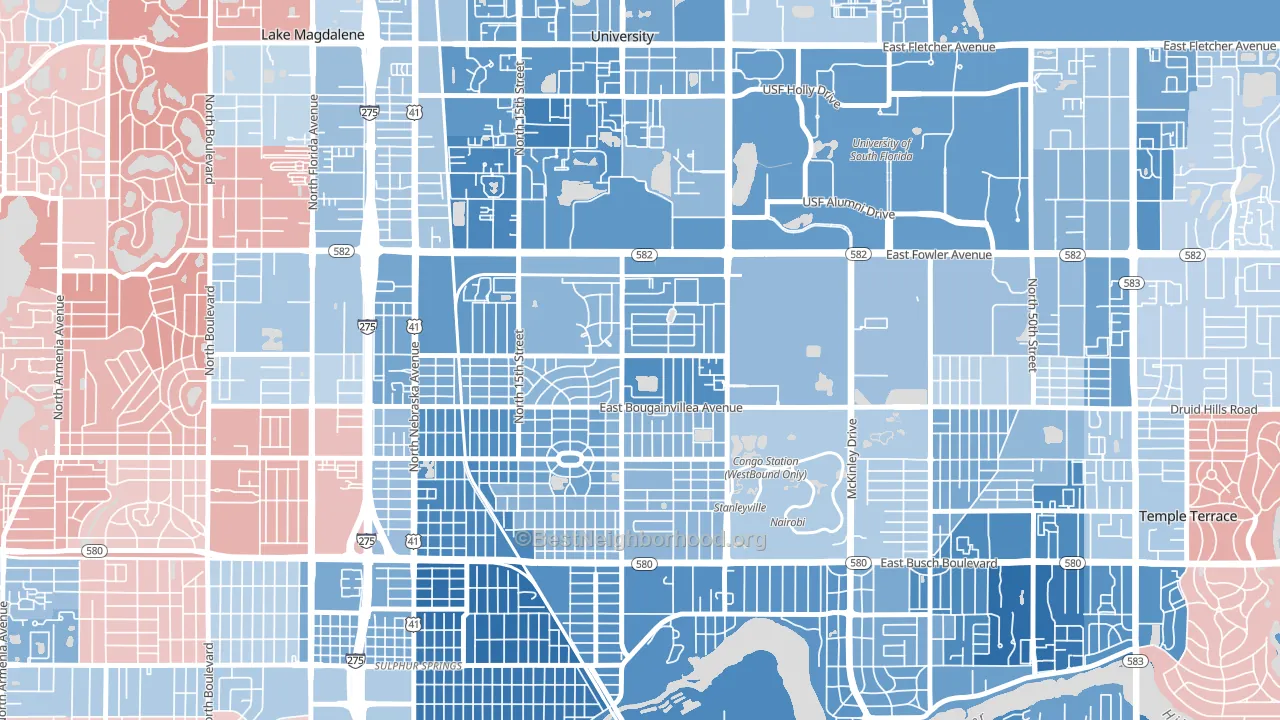 University Square, Tampa, FL block-group political-lean map