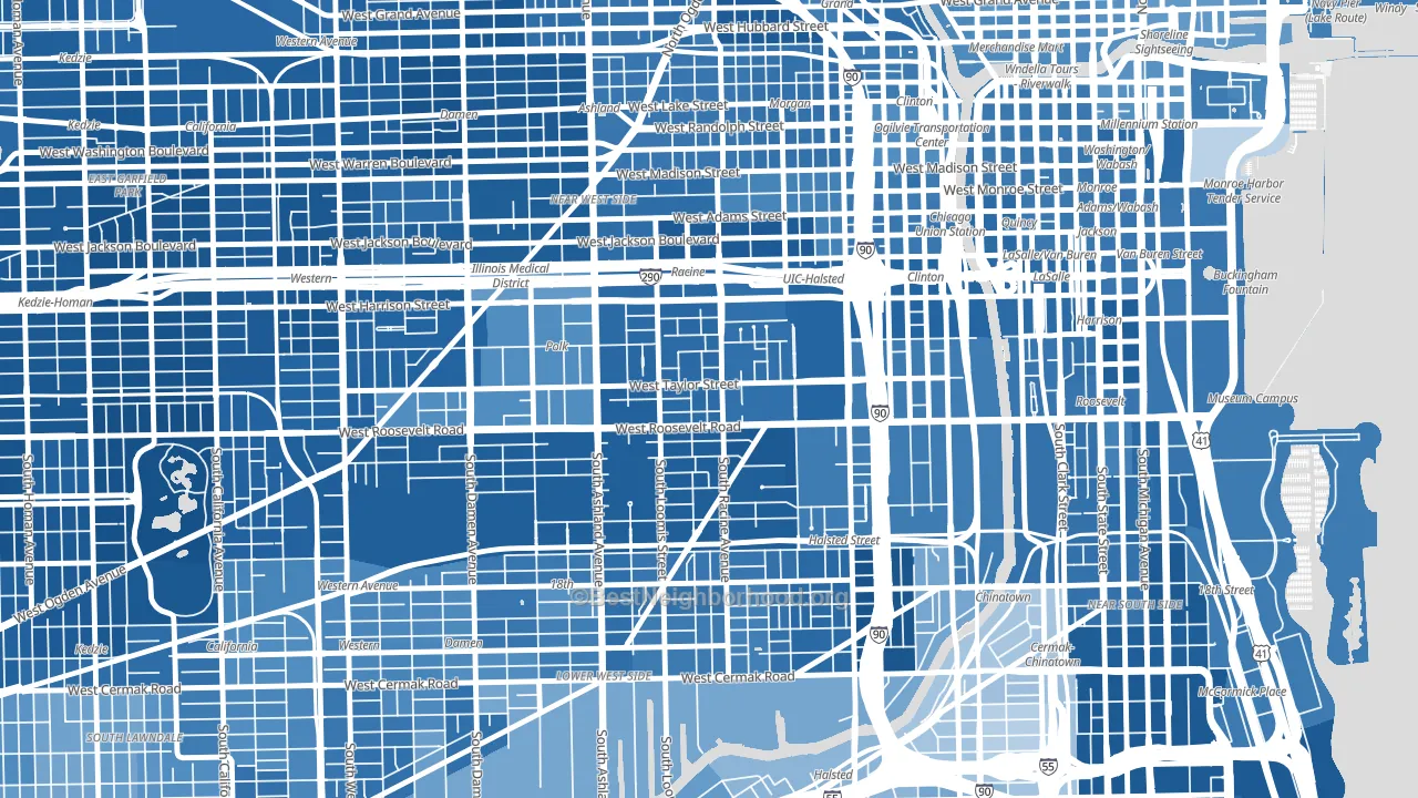 University Village, Chicago, IL block-group political-lean map