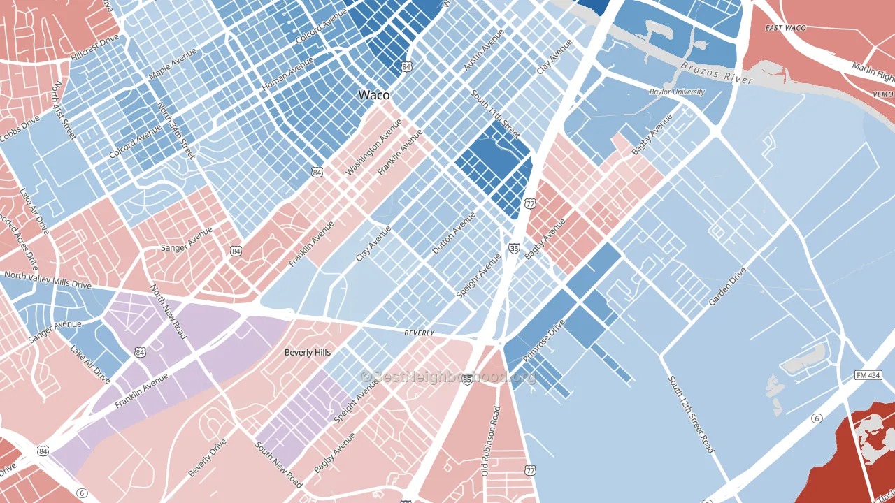 University, Waco, TX block-group political-lean map