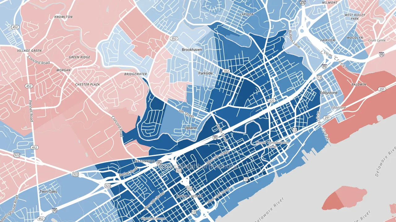 Upland, PA block-group political-lean map
