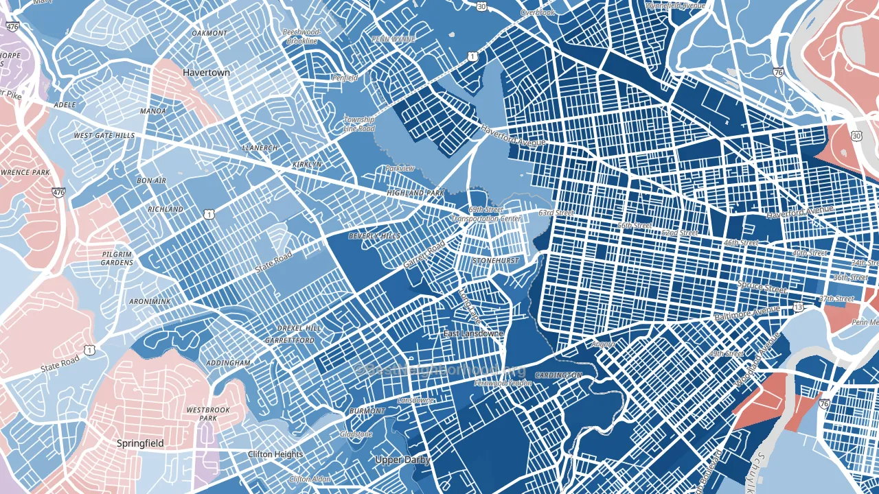 Upper Darby, PA block-group political-lean map