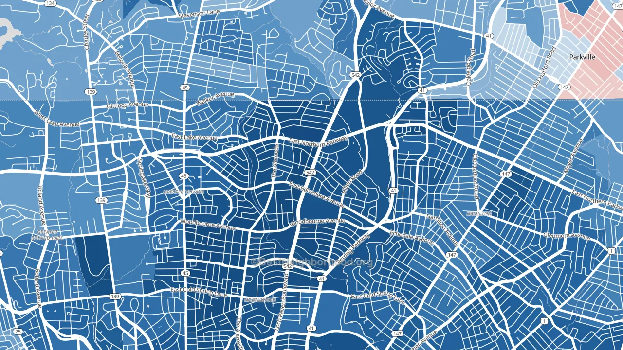 Upper Northwood, Baltimore, MD block-group political-lean map