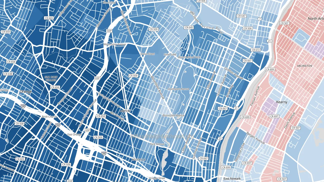 Upper Roseville, Newark, NJ block-group political-lean map