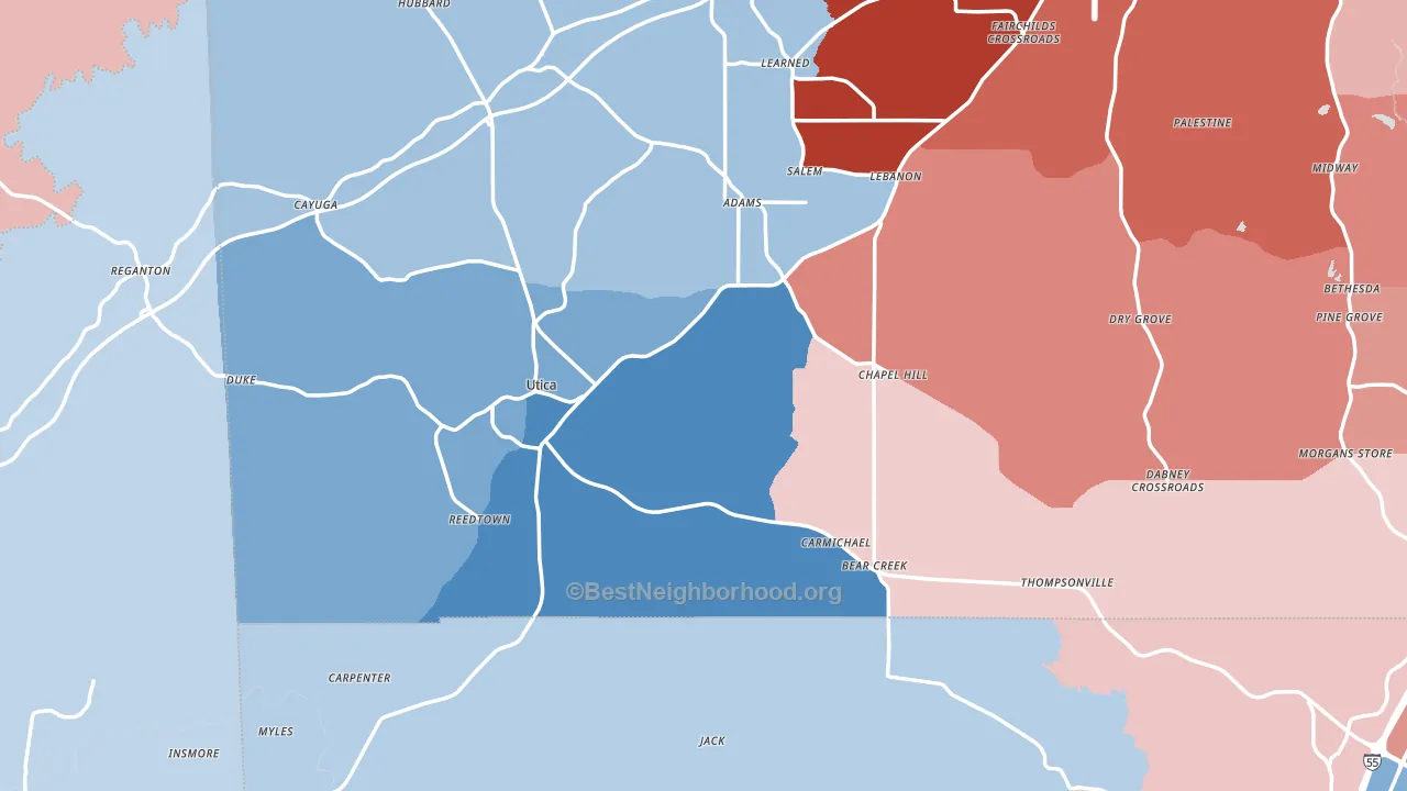 Utica, MS block-group political-lean map