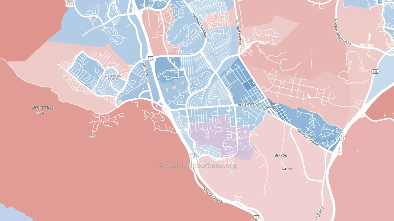 Valencia, Newhall, CA block-group political-lean map