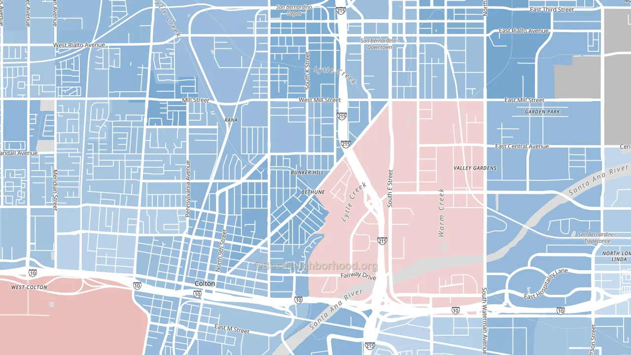 Valley College, San Bernardino, CA block-group political-lean map