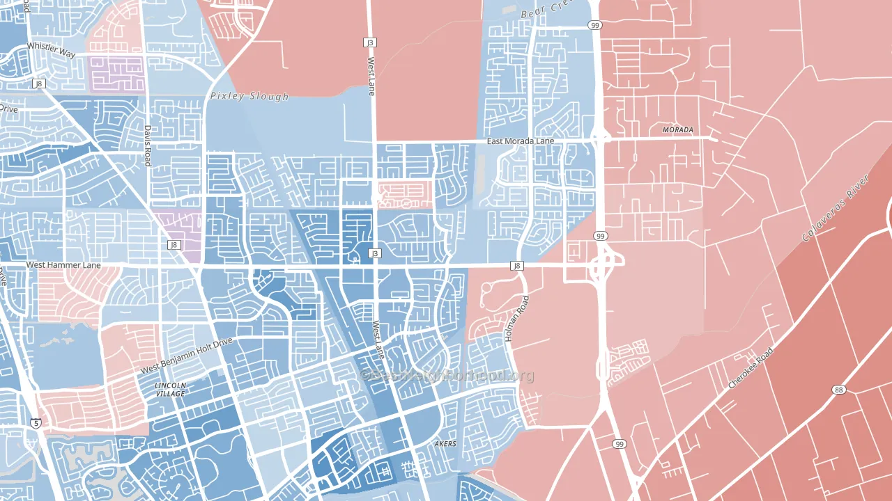 Valley Oak, Stockton, CA block-group political-lean map
