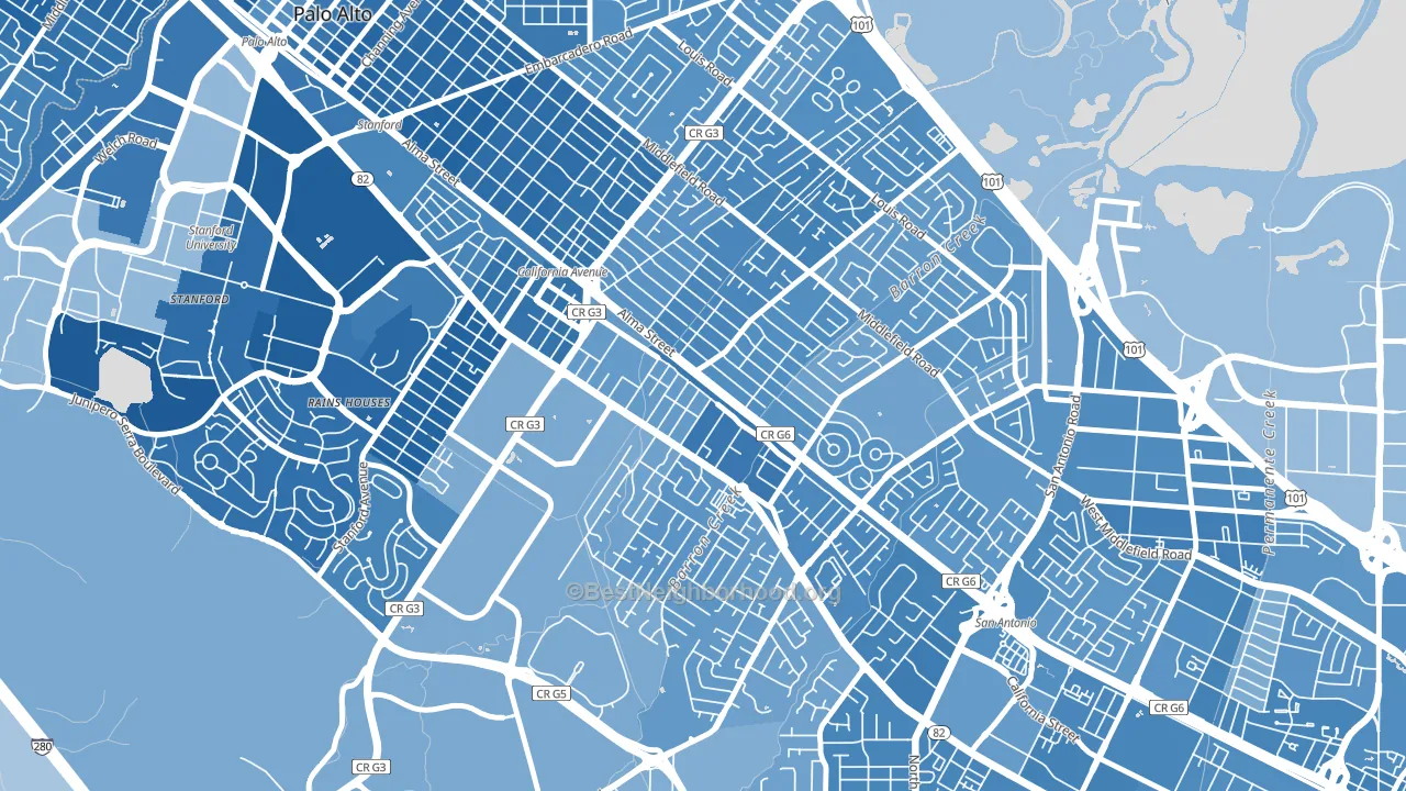Ventura, Palo Alto, CA block-group political-lean map