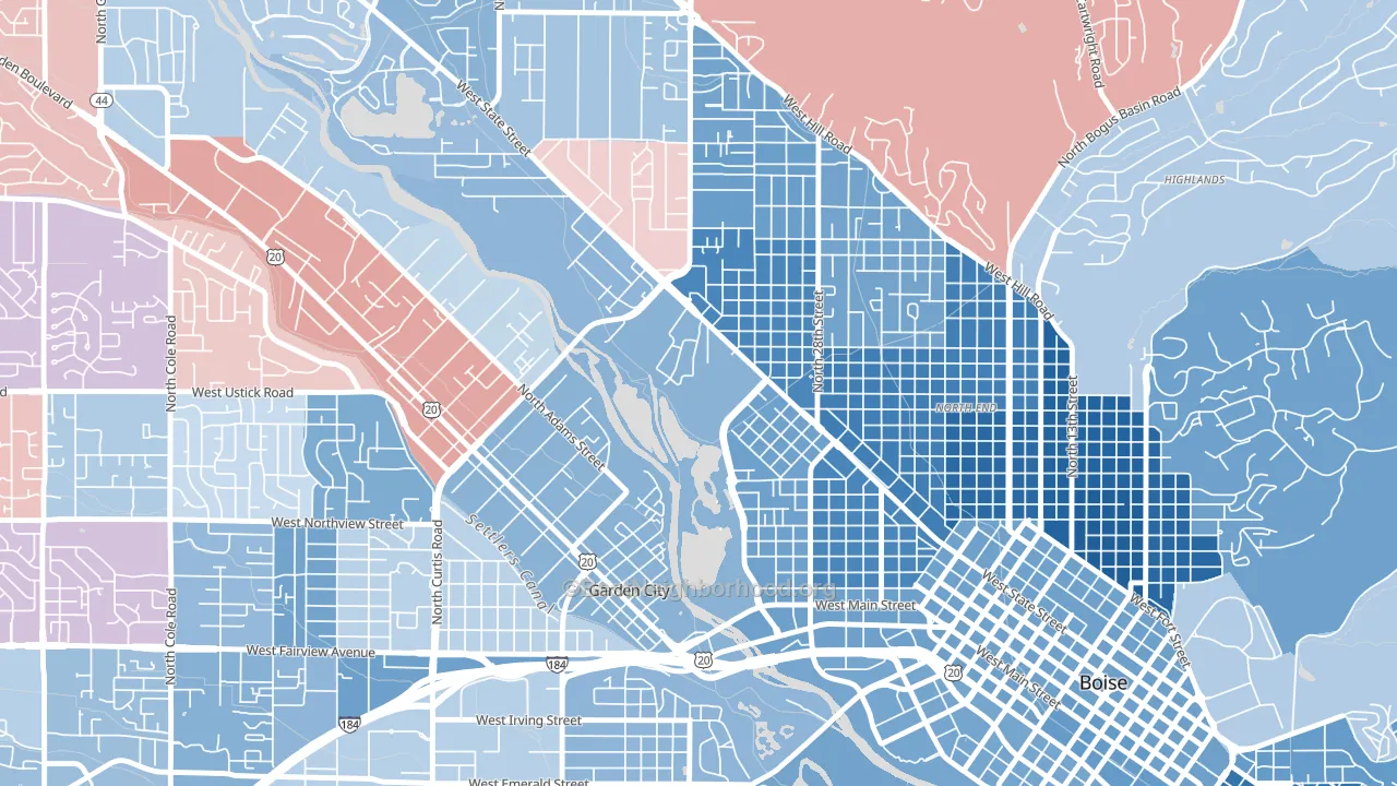 Veterans Park, Boise, ID block-group political-lean map
