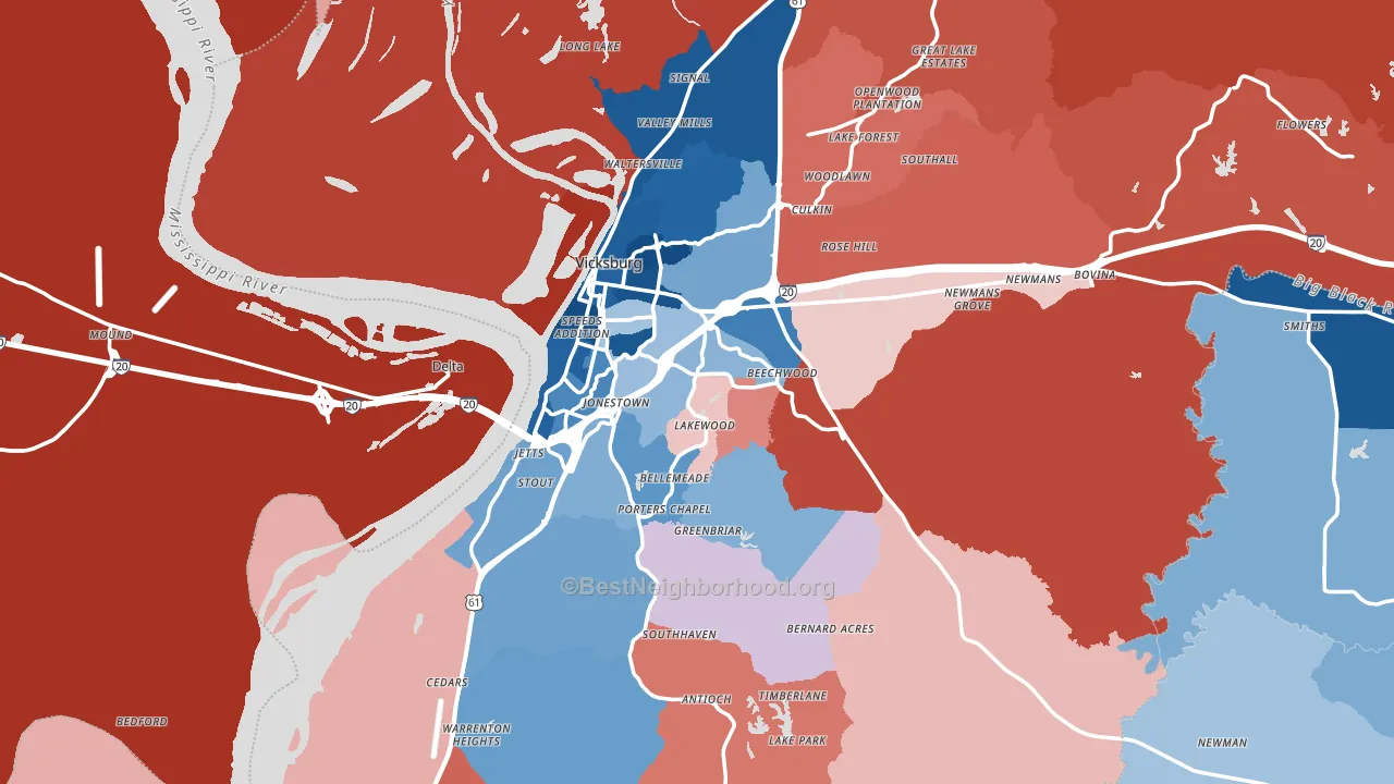 Vicksburg, MS block-group political-lean map