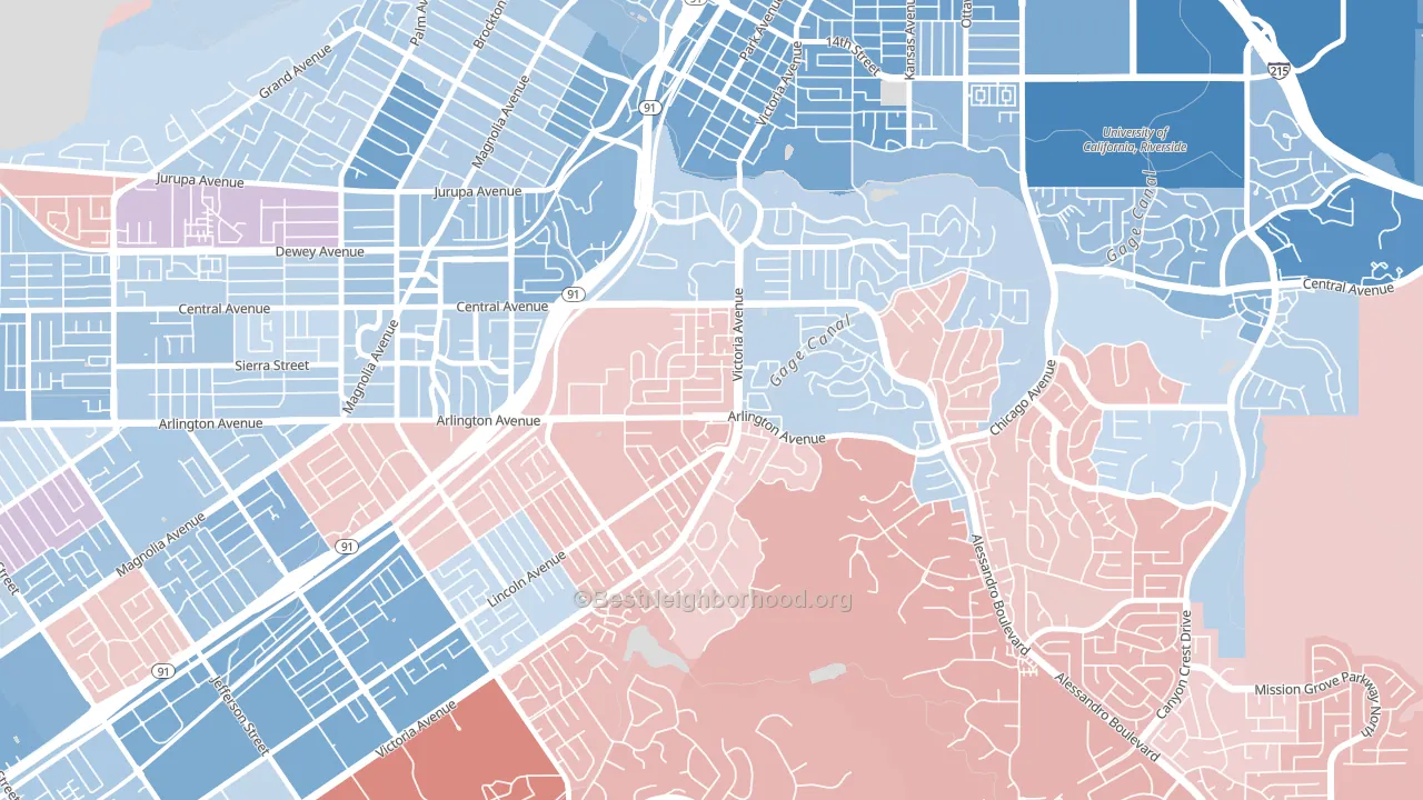 Victoria, Riverside, CA block-group political-lean map