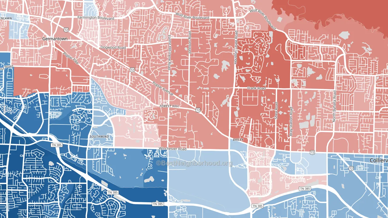 Walnut Grove - Shelby Farms PD, Germantown, TN block-group political-lean map