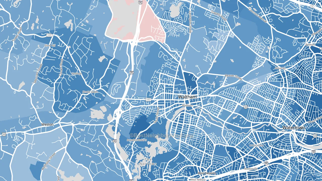 Waltham Highlands, Waltham, MA block-group political-lean map