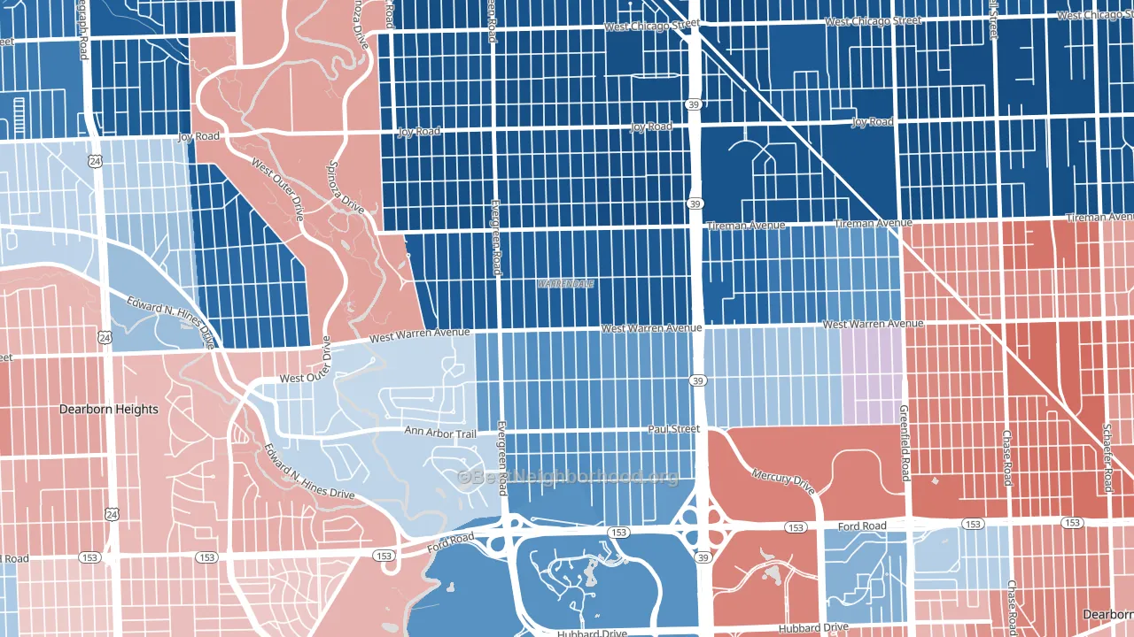 Warrendale, Detroit, MI block-group political-lean map
