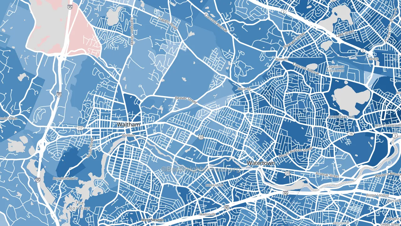 Warrendale, Waltham, MA block-group political-lean map