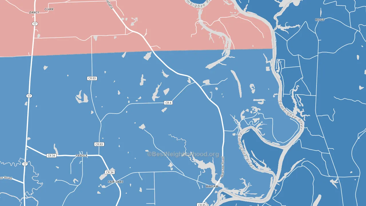 Warsaw, AL block-group political-lean map