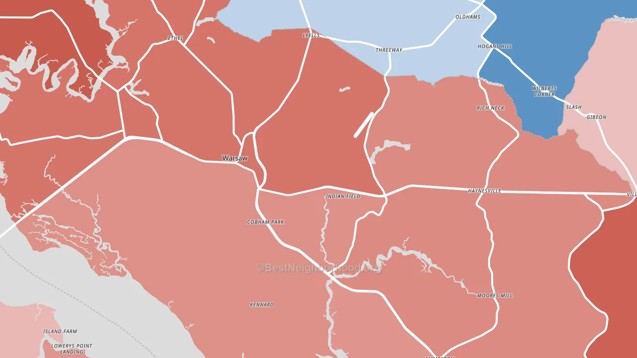 Warsaw, VA block-group political-lean map