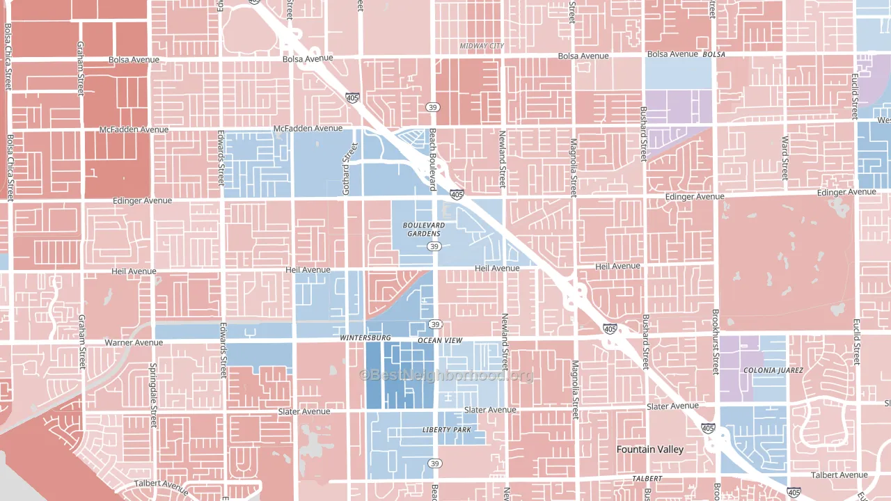 Washington, Huntington Beach, CA block-group political-lean map