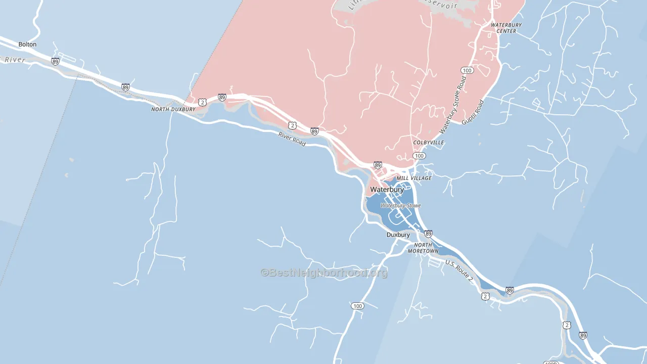 Waterbury, VT block-group political-lean map