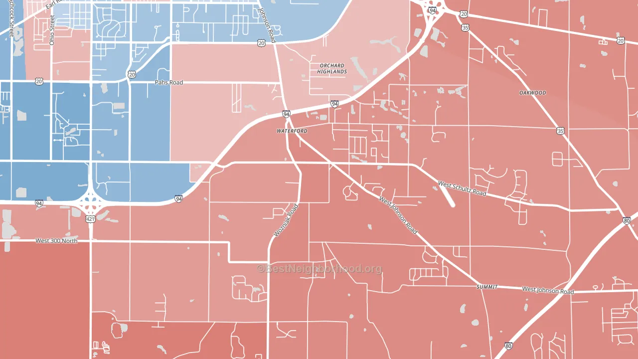 Waterford, IN block-group political-lean map