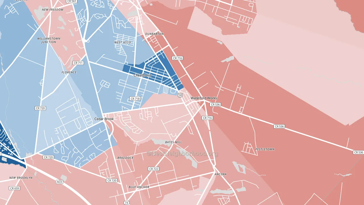 Waterford Works, NJ block-group political-lean map