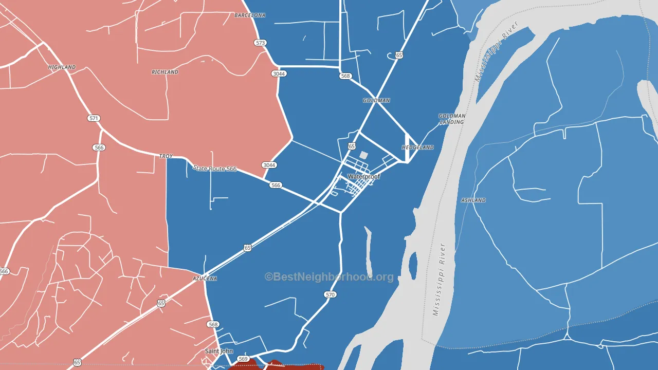 Waterproof, LA block-group political-lean map