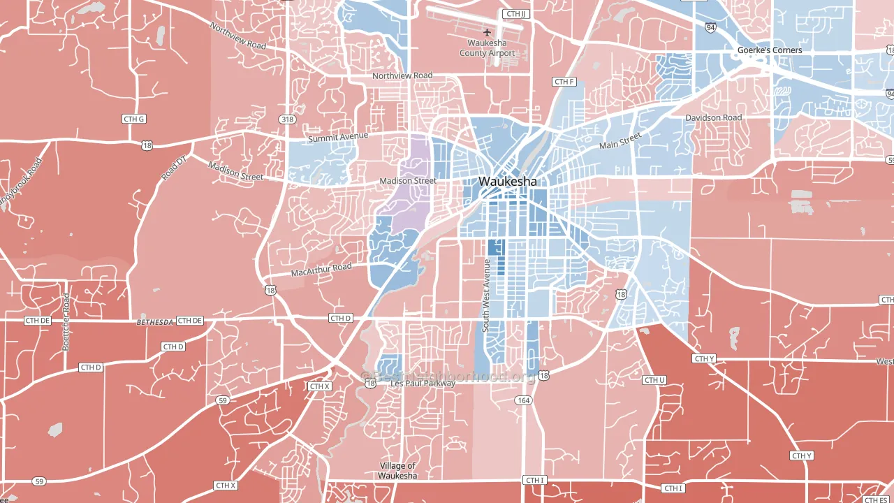 Waukesha, WI block-group political-lean map