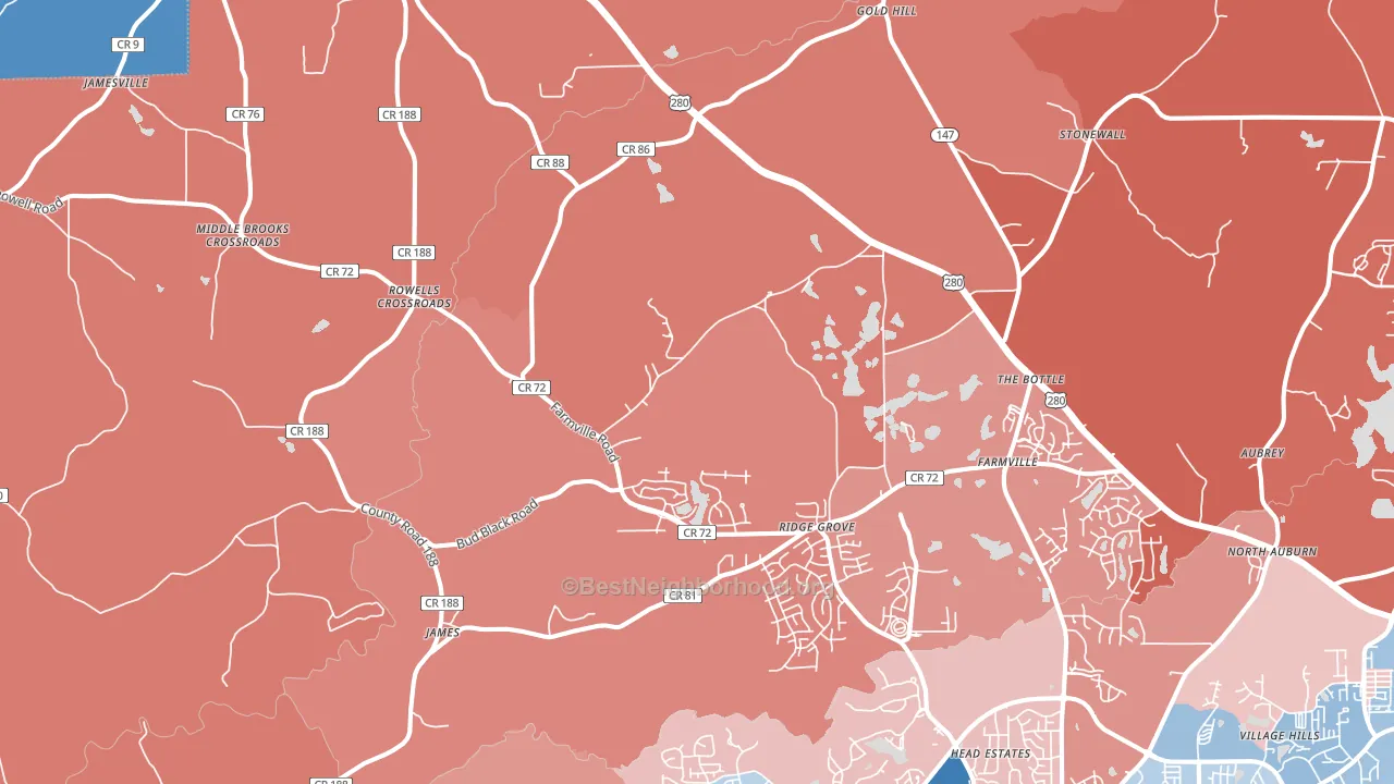 Waverly, AL block-group political-lean map
