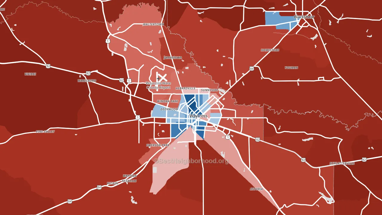 Waycross, GA block-group political-lean map
