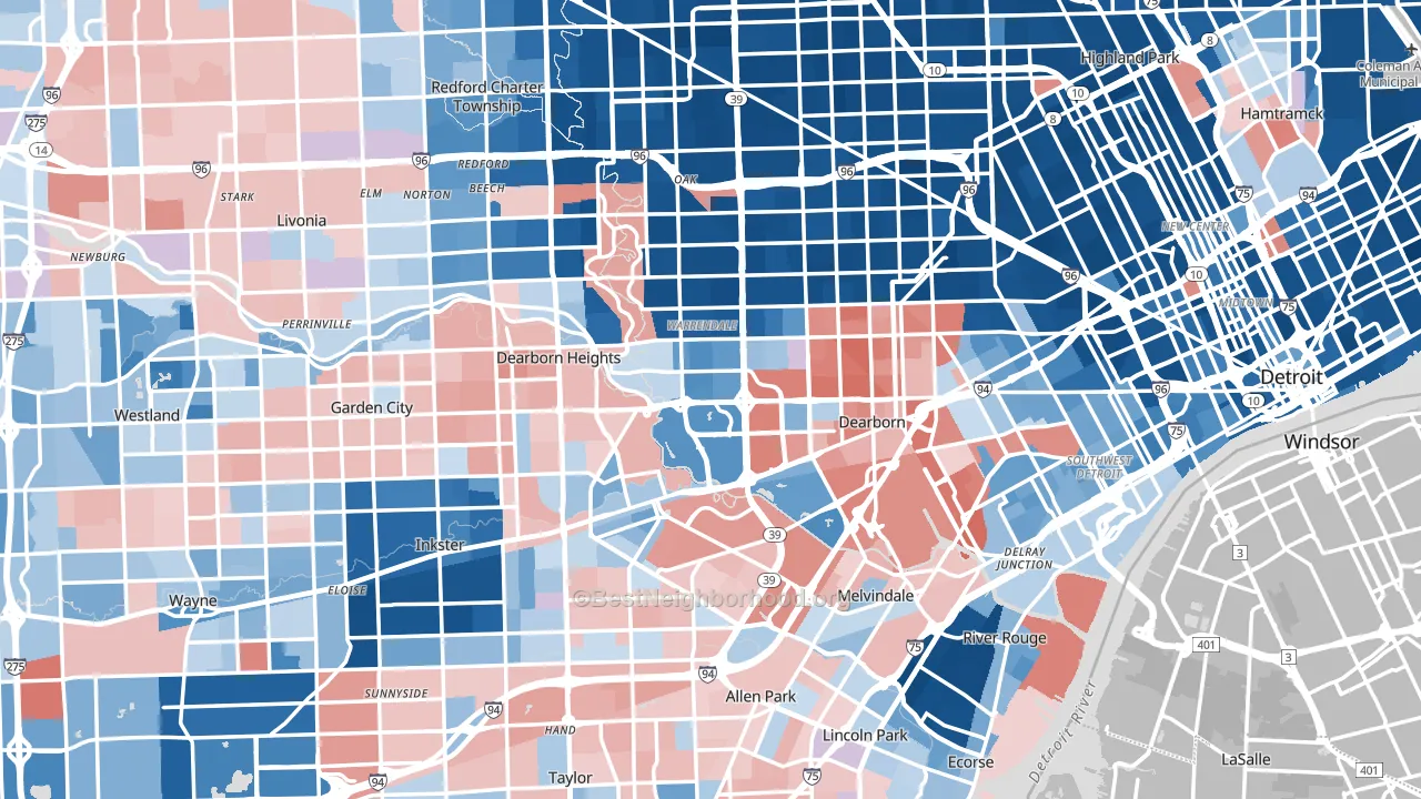 Wayne County, MI block-group political-lean map