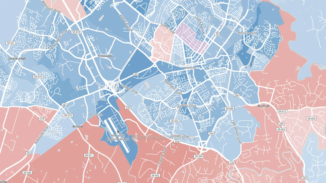 Wellington, Manassas, VA block-group political-lean map