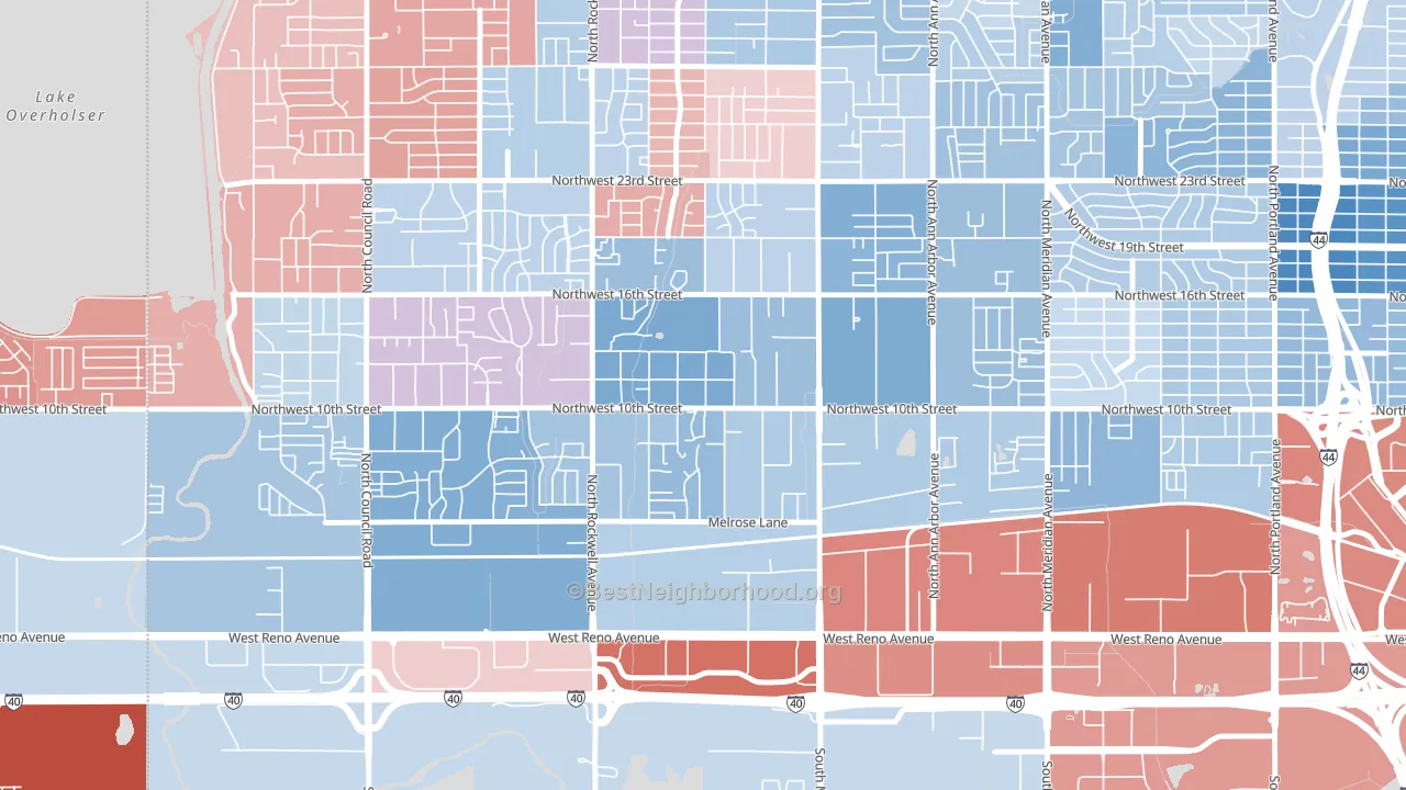 West 10th, Oklahoma City, OK block-group political-lean map