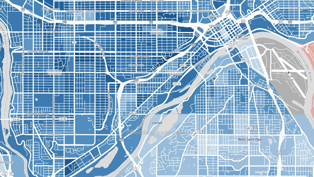 West 7th, St. Paul, MN block-group political-lean map