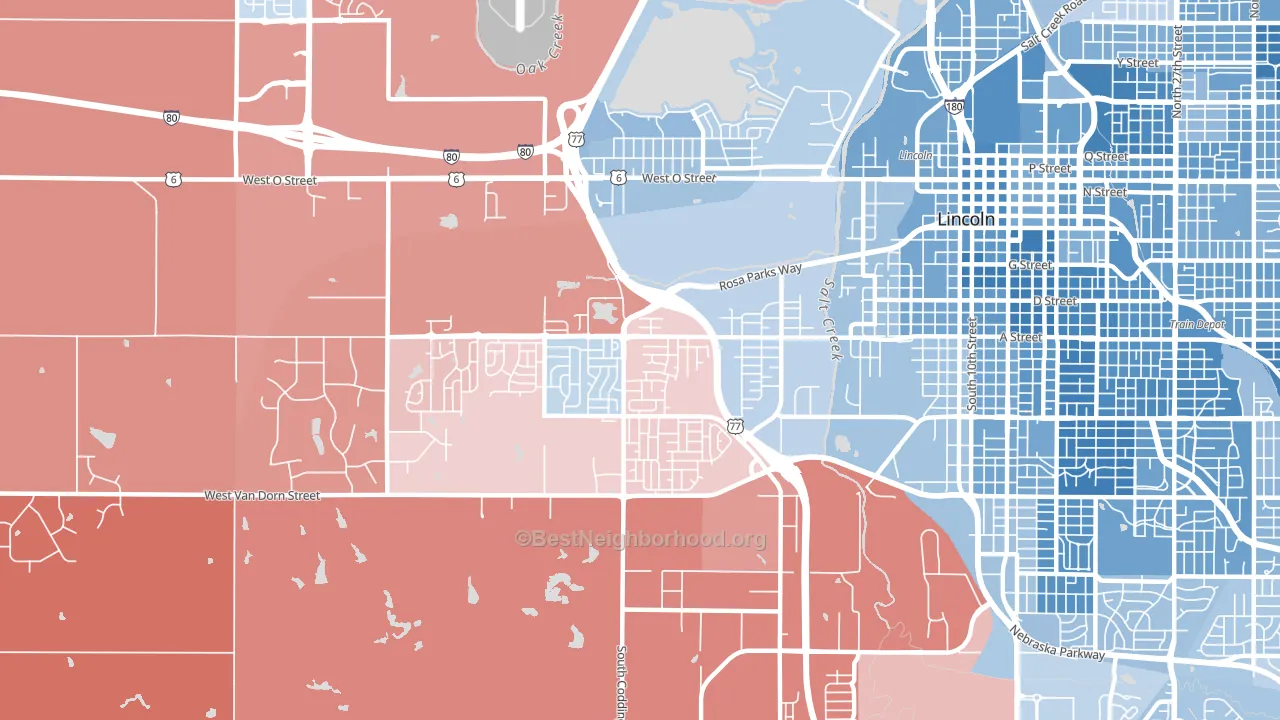 West A, Lincoln, NE block-group political-lean map