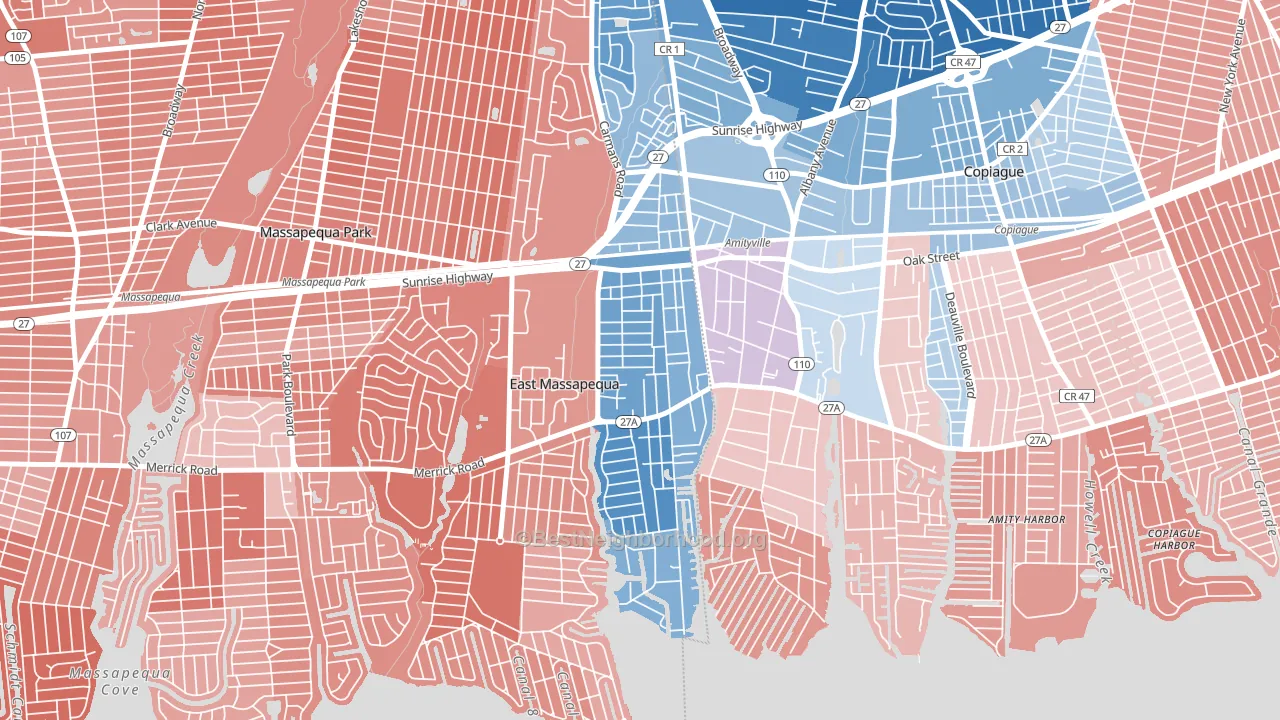 West Amityville, East Massapequa, NY block-group political-lean map