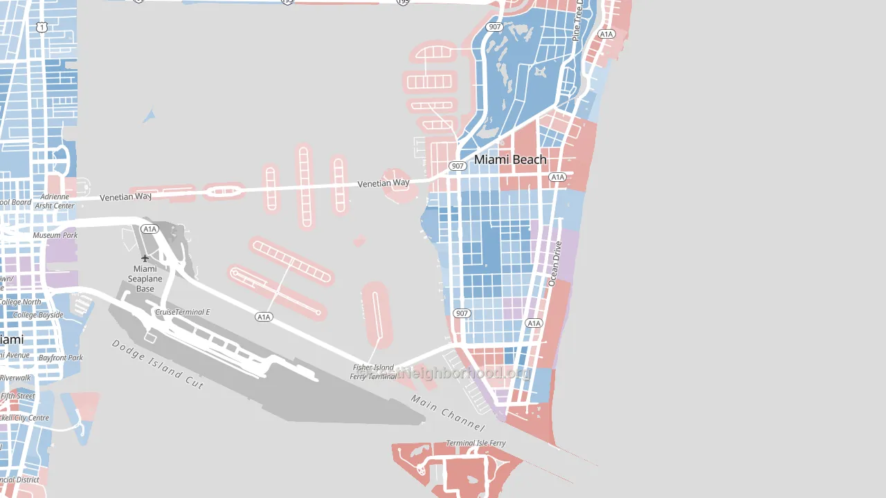 West Avenue, Miami Beach, FL block-group political-lean map