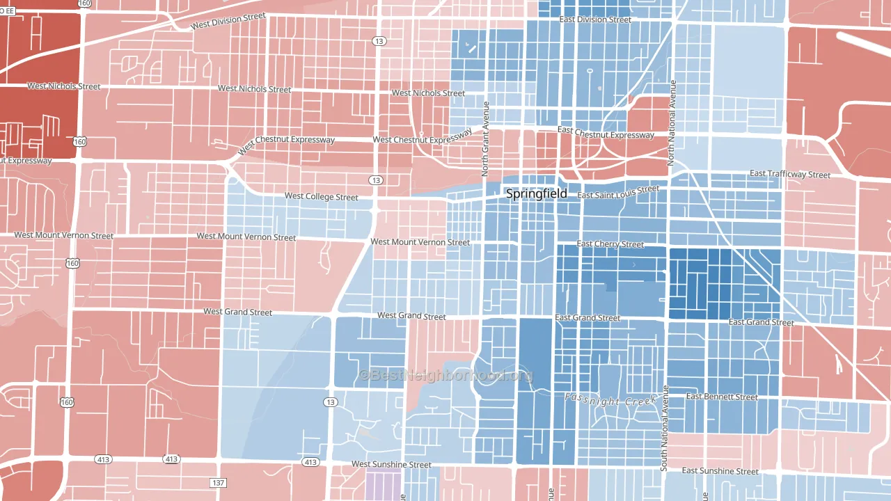 West Central, Springfield, MO block-group political-lean map